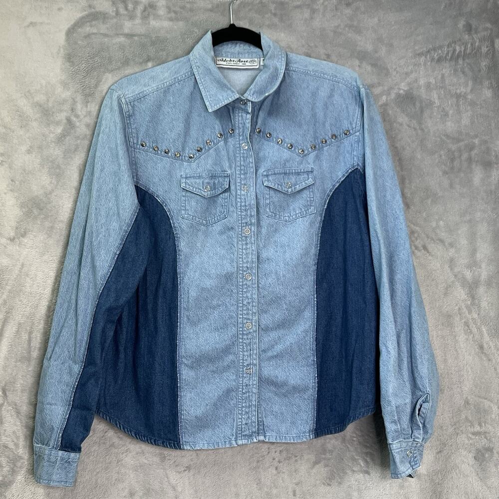 Vtg‎ 90s Adobe Rose Jean Shirt Western Aztec Boho Colorblock Studs Snap Size XL
